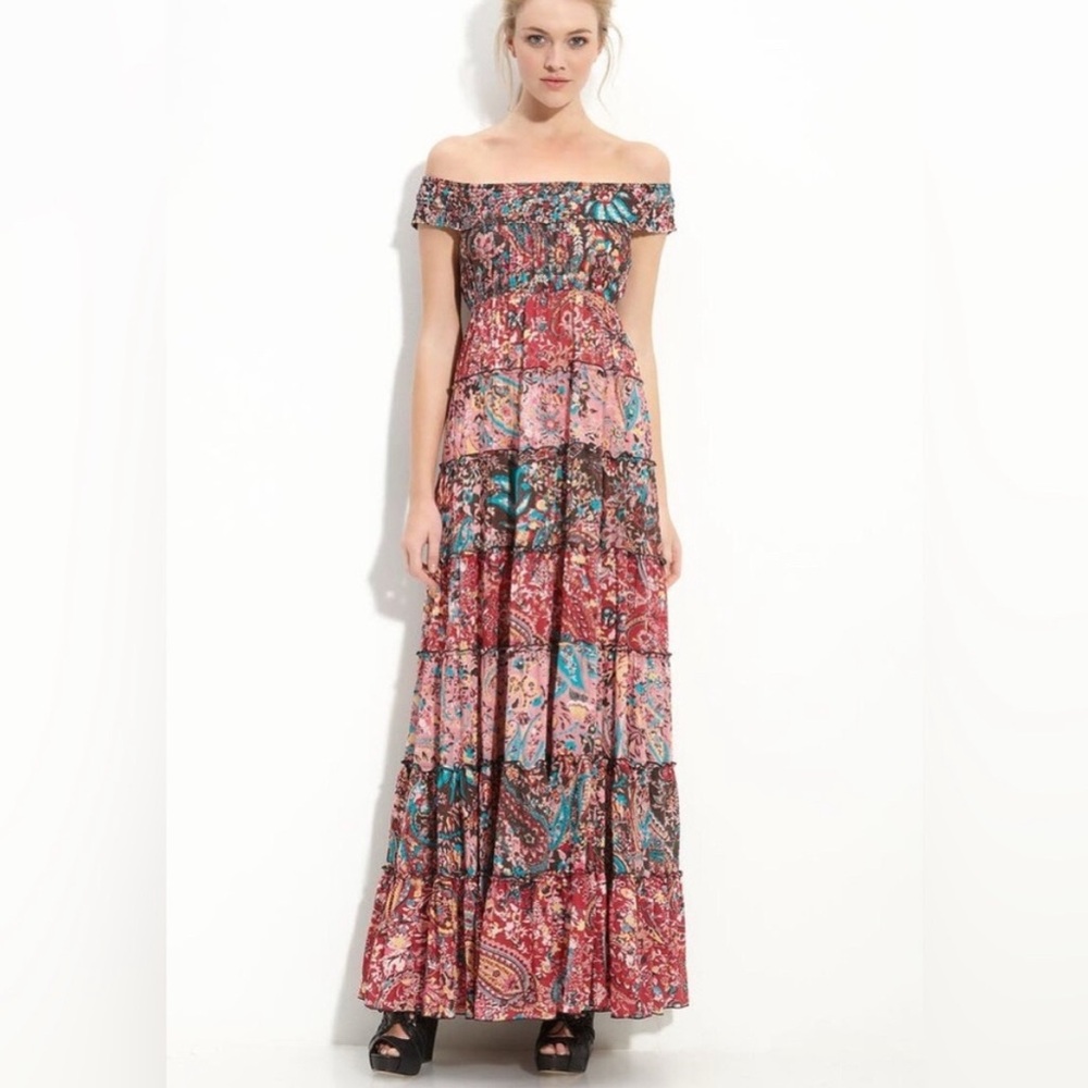 Free People Floral Cascade Maxi Dress Pink Blue Off the Shoulder Small - Picture 2 of 13